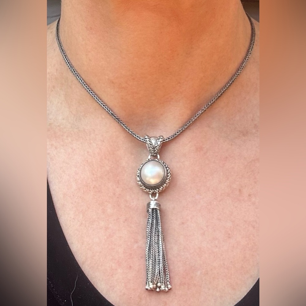 Vintage Braided Sterling Silver Chain Necklace with Pearl Pendant